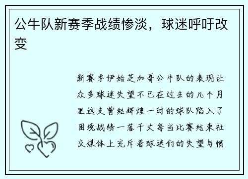 公牛队新赛季战绩惨淡，球迷呼吁改变